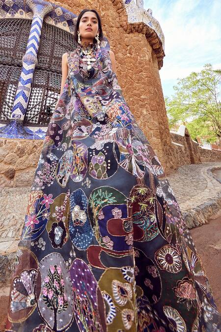 Buy_Aisha Rao_Blue Organza Applique High Neck Trencadis Gown _Online_at_Aza_Fashions