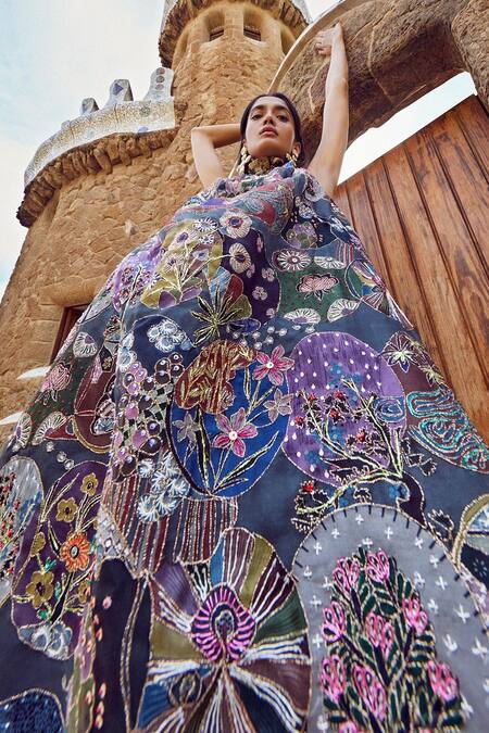 Aisha Rao_Blue Organza Applique High Neck Trencadis Gown _at_Aza_Fashions