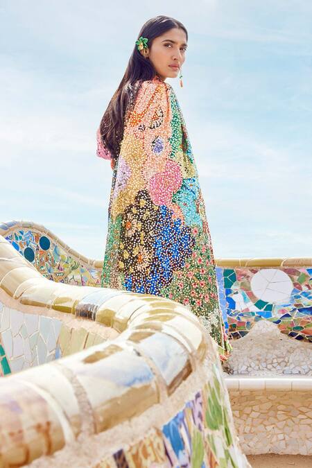 Buy_Aisha Rao_Multi Color Georgette Sequins V-neck Trencadis Pattern And Work Saree With Blouse _Online_at_Aza_Fashions