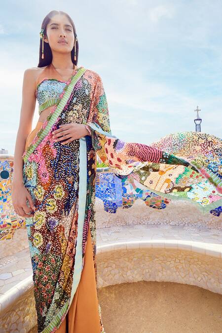 Aisha Rao_Multi Color Georgette Sequins V-neck Trencadis Pattern And Work Saree With Blouse _at_Aza_Fashions