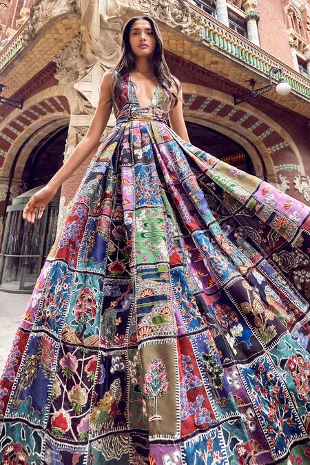 Buy_Aisha Rao_Blue Organza Embroidery Plunge Neck Trencadis Farm Pattern Gown _Online_at_Aza_Fashions