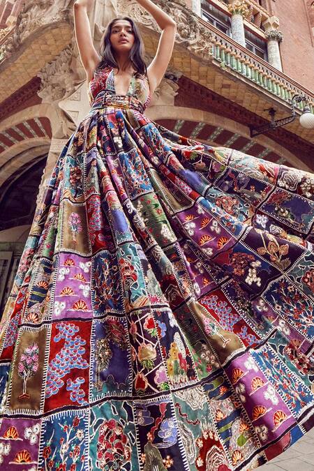 Shop_Aisha Rao_Blue Organza Embroidery Plunge Neck Trencadis Farm Pattern Gown _Online_at_Aza_Fashions