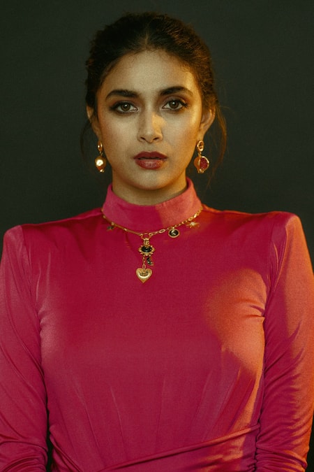 House of Exotique_Fuchsia Silk, Jersey Round Neck High Draped Gown _Online_at_Aza_Fashions