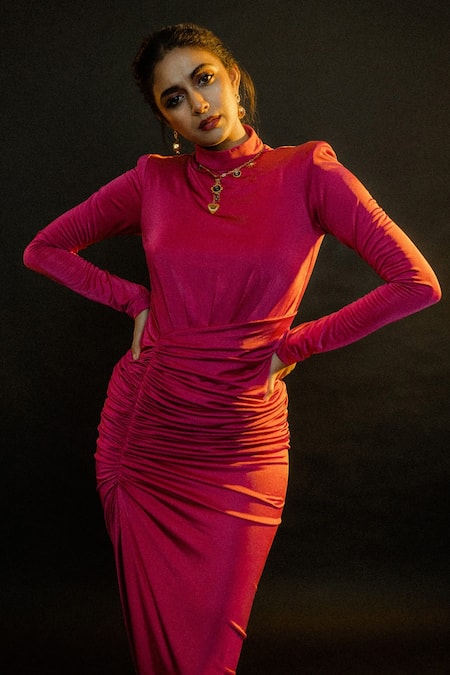 Shop_House of Exotique_Fuchsia Silk, Jersey Round Neck High Draped Gown _Online_at_Aza_Fashions