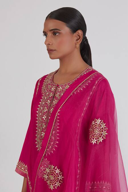 Buy_Lajjoo C_Pink Organza Embroidery Zardozi Anushka Floral Dupatta _Online_at_Aza_Fashions