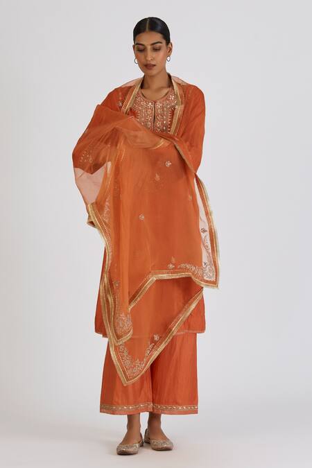 Buy_Lajjoo C_Orange Organza Embroidery Zardozi Vallika Dupatta _Online_at_Aza_Fashions