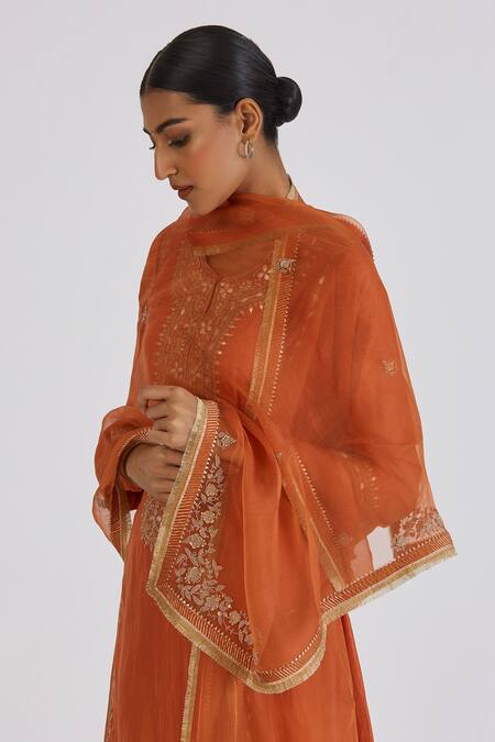 Shop_Lajjoo C_Orange Organza Embroidery Zardozi Vallika Dupatta _Online_at_Aza_Fashions