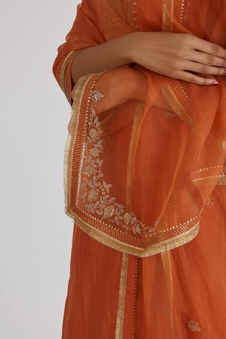 Lajjoo C_Orange Organza Embroidery Zardozi Vallika Dupatta _at_Aza_Fashions