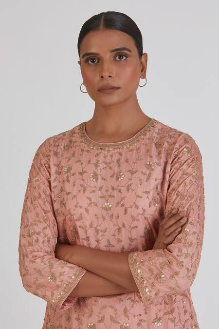 Lajjoo C_Pink Silk Embroidered Floral Round Mugdha Kurta And Sharara Set _Online_at_Aza_Fashions