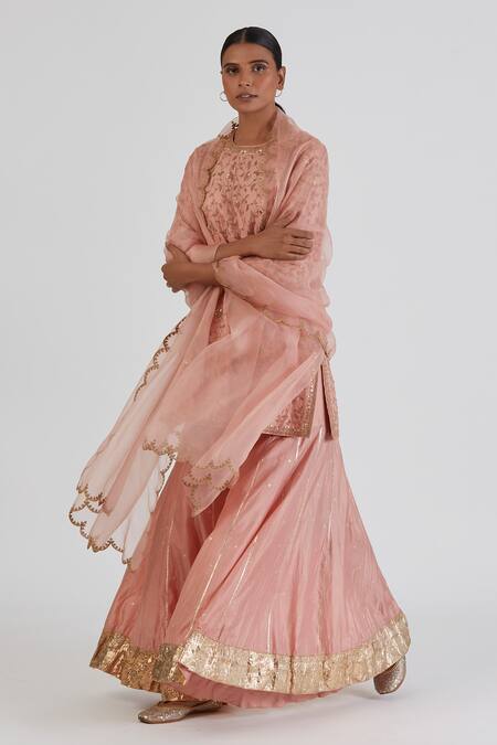 Lajjoo C_Pink Silk Embroidered Floral Round Mugdha Kurta And Sharara Set _at_Aza_Fashions