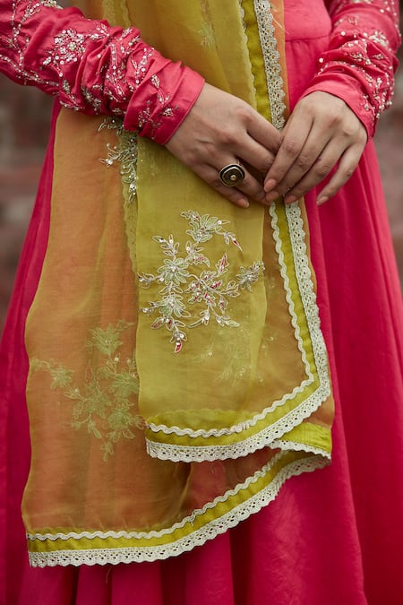 Vashisht Guru Dutt Coral Handloom Chanderi And Organza Floral, Sequins Tulip Patchwork Lehenga Set Online at Aza Fashions Vashisht Guru Dutt_Coral Handloom Chanderi And Organza Floral, Sequins Tulip Patchwork Lehenga Set _Online_at_Aza_Fashions