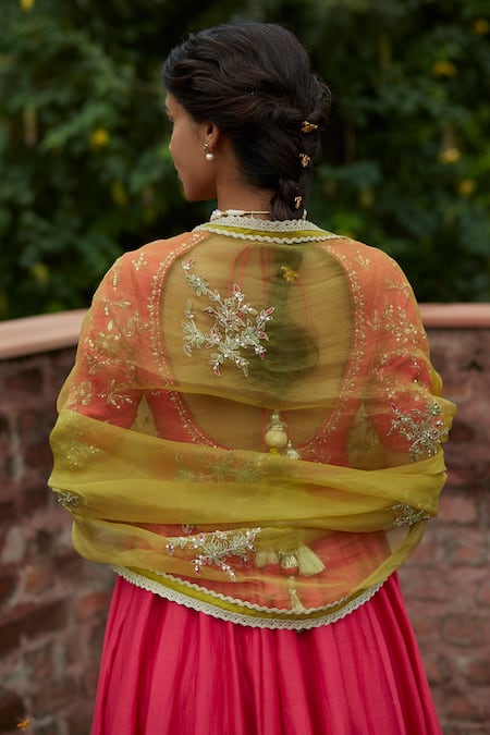 Shop Vashisht Guru Dutt Coral Organza, Handloom Chanderi Round Embroidered Anarkali And Lehenga Set Online at Aza Fashions Shop_Vashisht Guru Dutt_Coral Organza, Handloom Chanderi Round Embroidered Anarkali And Lehenga Set _Online_at_Aza_Fashions