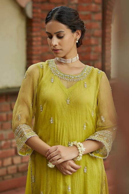 Vashisht Guru Dutt_Green Organza, Handloom Mul Chanderi Layered Embroidered Tunic And Tulip Pant Set _Online_at_Aza_Fashions