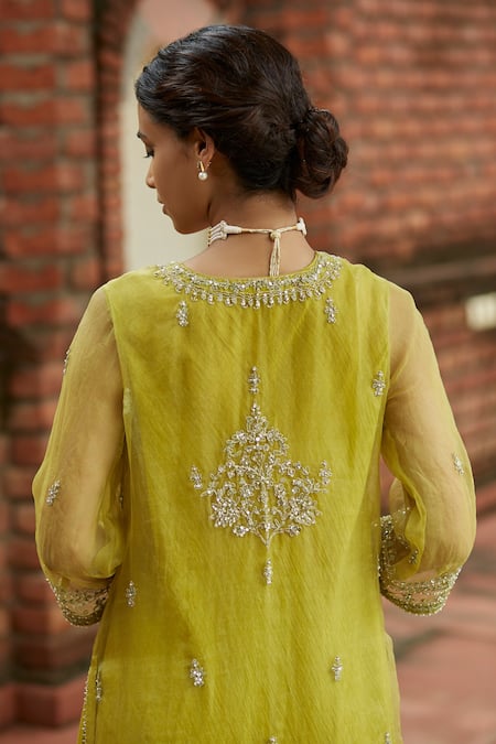 Buy_Vashisht Guru Dutt_Green Organza, Handloom Mul Chanderi Layered Embroidered Tunic And Tulip Pant Set _Online_at_Aza_Fashions