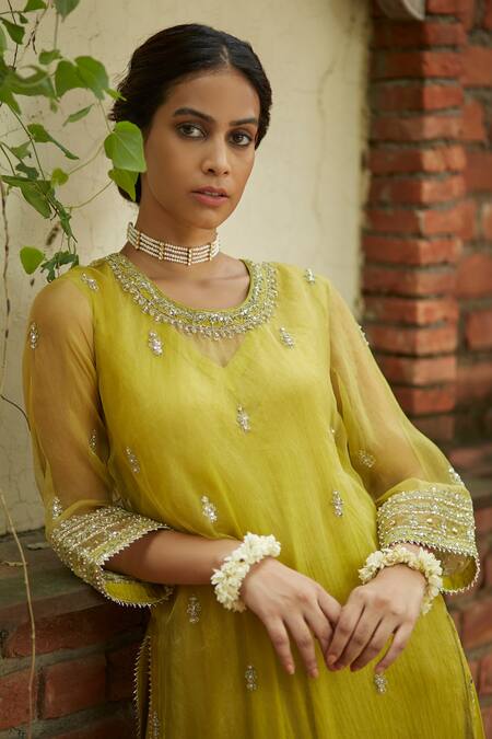 Shop_Vashisht Guru Dutt_Green Organza, Handloom Mul Chanderi Layered Embroidered Tunic And Tulip Pant Set _Online_at_Aza_Fashions