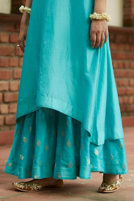 Shop_Vashisht Guru Dutt_Blue Organza, Handloom Mul Chanderi Floral Round Layered Tunic And Tulip Pant Set _Online_at_Aza_Fashions