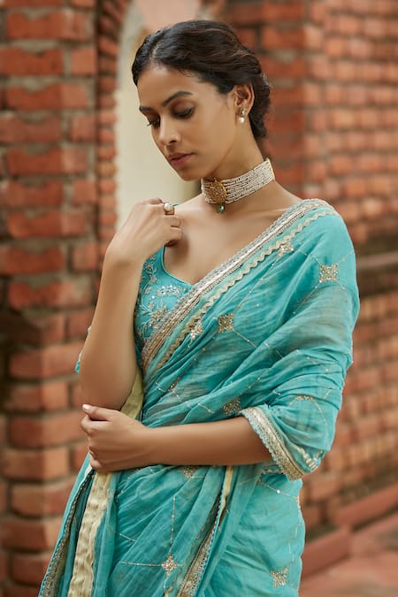 Buy_Vashisht Guru Dutt_Blue Chanderi Tissue And Resham Thread & Zari Embroidered Saree With Blouse _Online_at_Aza_Fashions