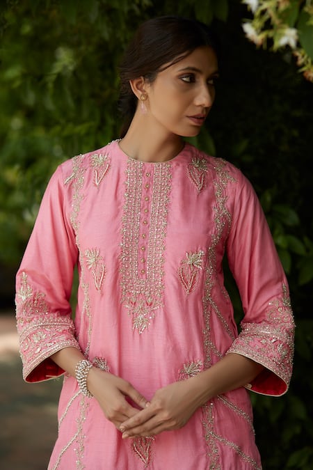 Shop_Vashisht Guru Dutt_Pink Handloom Chanderi, Raw Silk And Tissue Gota, & Embroidered Kurta Gharara Set _Online_at_Aza_Fashions