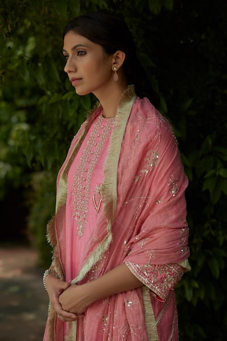 Vashisht Guru Dutt_Pink Handloom Chanderi, Raw Silk And Tissue Gota, & Embroidered Kurta Gharara Set _at_Aza_Fashions