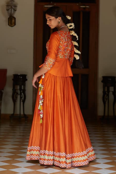 Shop Vashisht Guru Dutt Orange Handloom Chanderi, Raw Silk And Tissue Floral, Chevron Border Lehenga Set Online at Aza Fashions Shop_Vashisht Guru Dutt_Orange Handloom Chanderi, Raw Silk And Tissue Floral, Chevron Border Lehenga Set _Online_at_Aza_Fashions