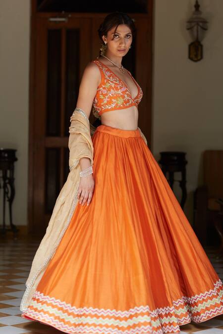Vashisht Guru Dutt Orange Handloom Chanderi, Raw Silk And Tissue Floral, Chevron Border Lehenga Set Online at Aza Fashions Vashisht Guru Dutt_Orange Handloom Chanderi, Raw Silk And Tissue Floral, Chevron Border Lehenga Set _Online_at_Aza_Fashions