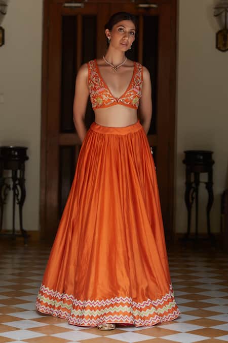 Buy Vashisht Guru Dutt Orange Handloom Chanderi, Raw Silk And Tissue Floral, Chevron Border Lehenga Set Online at Aza Fashions Buy_Vashisht Guru Dutt_Orange Handloom Chanderi, Raw Silk And Tissue Floral, Chevron Border Lehenga Set _Online_at_Aza_Fashions