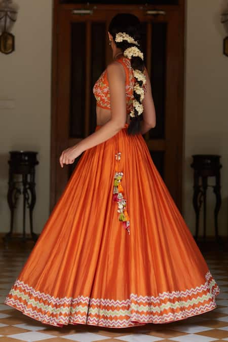 Shop Vashisht Guru Dutt Orange Handloom Chanderi, Raw Silk And Tissue Floral, Chevron Border Lehenga Set Online at Aza Fashions Shop_Vashisht Guru Dutt_Orange Handloom Chanderi, Raw Silk And Tissue Floral, Chevron Border Lehenga Set _Online_at_Aza_Fashions