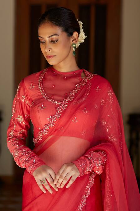 Vashisht Guru Dutt Coral Handloom Chanderi And Organza Embroidered Saree With Angrakha Cut Blouse Online at Aza Fashions Vashisht Guru Dutt_Coral Handloom Chanderi And Organza Embroidered Saree With Angrakha Cut Blouse _Online_at_Aza_Fashions