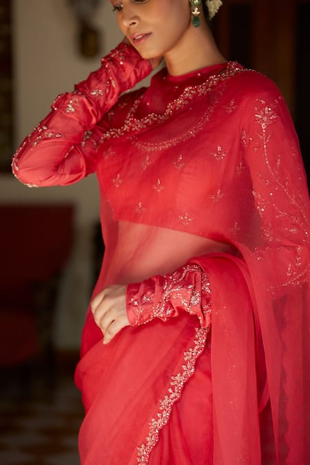 Buy Vashisht Guru Dutt Coral Handloom Chanderi And Organza Embroidered Saree With Angrakha Cut Blouse Online at Aza Fashions Buy_Vashisht Guru Dutt_Coral Handloom Chanderi And Organza Embroidered Saree With Angrakha Cut Blouse _Online_at_Aza_Fashions