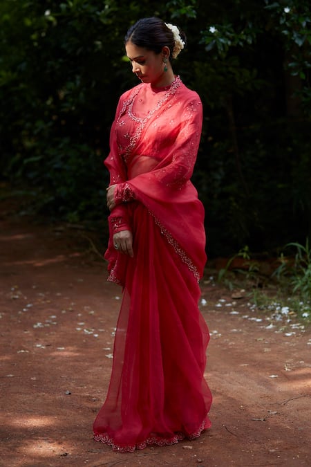 Shop Vashisht Guru Dutt Coral Handloom Chanderi And Organza Embroidered Saree With Angrakha Cut Blouse Online at Aza Fashions Shop_Vashisht Guru Dutt_Coral Handloom Chanderi And Organza Embroidered Saree With Angrakha Cut Blouse _Online_at_Aza_Fashions