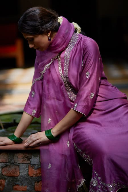 Shop_Vashisht Guru Dutt_Purple Organza, Handloom Chanderi Floral Band Collar Embroidered Kurta Set _Online_at_Aza_Fashions