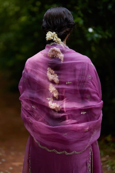 Vashisht Guru Dutt_Purple Organza, Handloom Chanderi Floral Band Collar Embroidered Kurta Set _at_Aza_Fashions