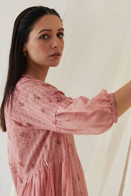 Buy Banera Pink Cotton Embroidery V-neck Clara Floral Block Print Tunic And Pant Set Online at Aza Fashions Buy_Banera_Pink Cotton Embroidery V-neck Clara Floral Block Print Tunic And Pant Set_Online_at_Aza_Fashions