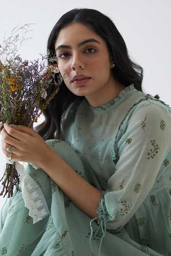 Buy Banera Green Cotton, Silk, Chanderi Embroidery High Rudy Flower Block Print Frill Dress Online at Aza Fashions Buy_Banera_Green Cotton, Silk, Chanderi Embroidery High Rudy Flower Block Print Frill Dress_Online_at_Aza_Fashions