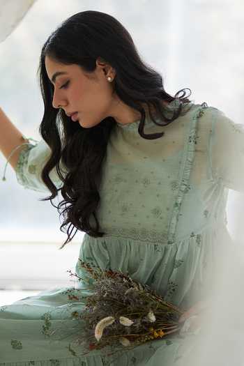 Shop Banera Green Cotton, Silk, Chanderi Embroidery High Rudy Flower Block Print Frill Dress Online at Aza Fashions Shop_Banera_Green Cotton, Silk, Chanderi Embroidery High Rudy Flower Block Print Frill Dress_Online_at_Aza_Fashions