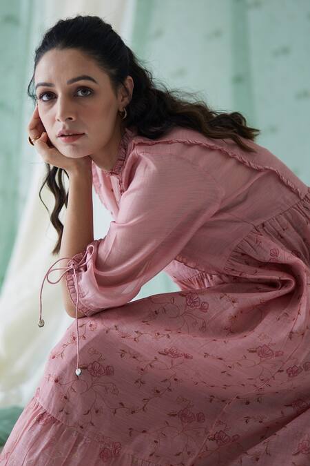 Banera Pink Chanderi, Cotton Sequins High Neck Rudy Floral Vine Block Print Frill Dress Online at Aza Fashions Banera_Pink Chanderi, Cotton Sequins High Neck Rudy Floral Vine Block Print Frill Dress_Online_at_Aza_Fashions