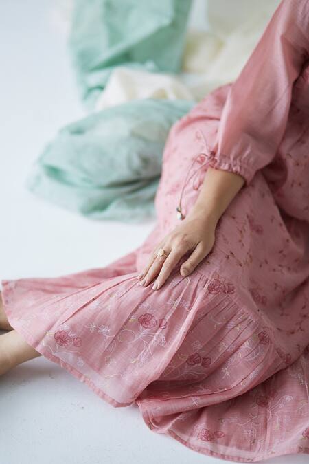 Buy Banera Pink Chanderi, Cotton Sequins High Neck Rudy Floral Vine Block Print Frill Dress Online at Aza Fashions Buy_Banera_Pink Chanderi, Cotton Sequins High Neck Rudy Floral Vine Block Print Frill Dress_Online_at_Aza_Fashions