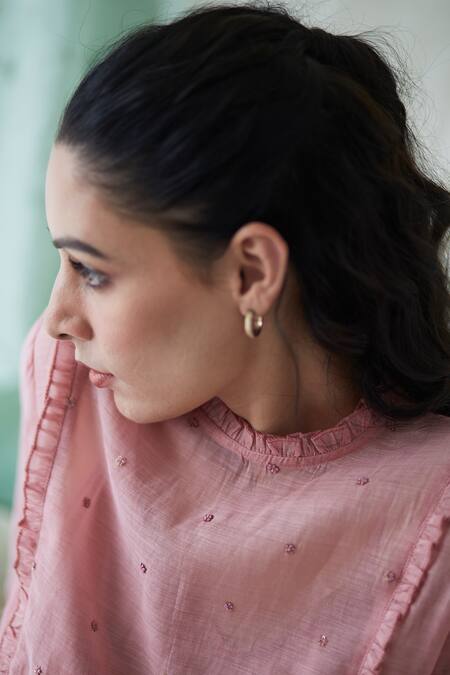 Shop Banera Pink Chanderi, Cotton Sequins High Neck Rudy Floral Vine Block Print Frill Dress Online at Aza Fashions Shop_Banera_Pink Chanderi, Cotton Sequins High Neck Rudy Floral Vine Block Print Frill Dress_Online_at_Aza_Fashions