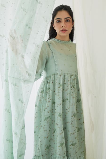 Banera_Green Cotton, Silk Sequins High Neck Rudy Floret Vine Block Print Frill Dress_Online_at_Aza_Fashions
