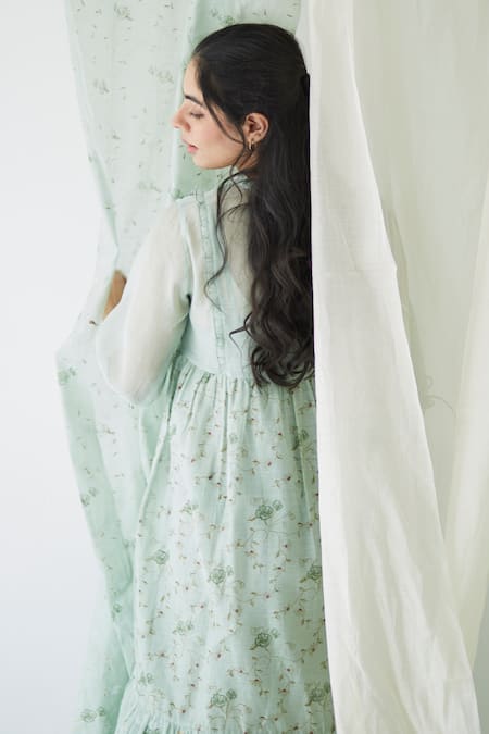 Buy_Banera_Green Cotton, Silk Sequins High Neck Rudy Floret Vine Block Print Frill Dress_Online_at_Aza_Fashions