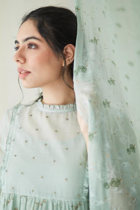 Shop_Banera_Green Cotton, Silk Sequins High Neck Rudy Floret Vine Block Print Frill Dress_Online_at_Aza_Fashions