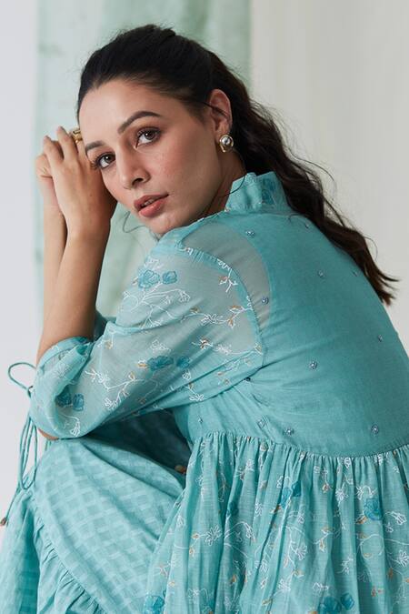 Shop_Banera_Blue Cotton, Silk, Chanderi Tassels, Beads Amber Block Print Overlay With Dress _Online_at_Aza_Fashions