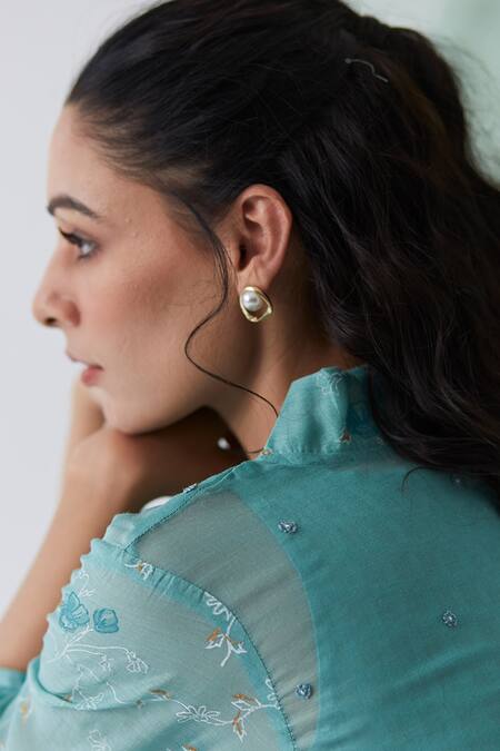 Buy_Banera_Blue Cotton, Silk, Chanderi Tassels, Beads Amber Block Print Overlay With Dress 