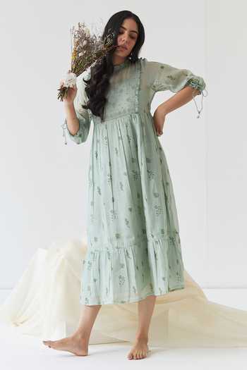 Banera Green Cotton, Silk, Chanderi Embroidery High Rudy Flower Block Print Frill Dress Online at Aza Fashions Banera_Green Cotton, Silk, Chanderi Embroidery High Rudy Flower Block Print Frill Dress_Online_at_Aza_Fashions