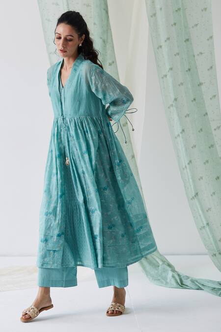 Buy_Banera_Blue Cotton, Silk, Chanderi Tassels, Beads Amber Block Print Overlay With Dress _Online_at_Aza_Fashions