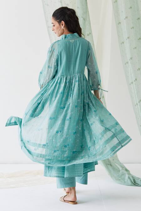 Shop_Banera_Blue Cotton, Silk, Chanderi Tassels, Beads Amber Block Print Overlay With Dress _at_Aza_Fashions