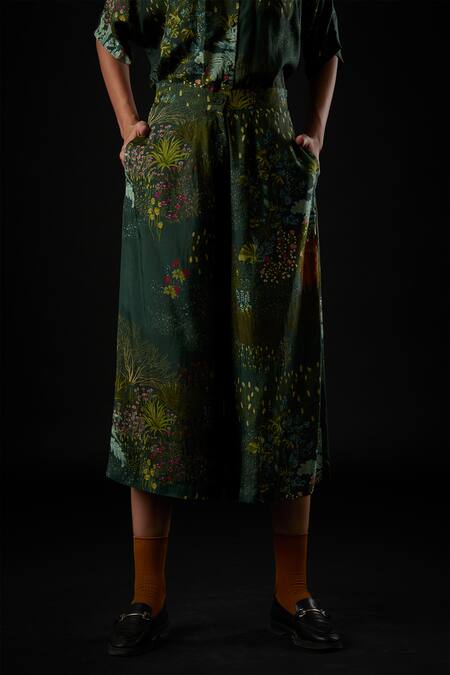 Shop Yavi Green Silk Floral Print Aran Wide Leg Pants at Aza Fashions Shop_Yavi_Green Silk Floral Print Aran Wide Leg Pants_at_Aza_Fashions