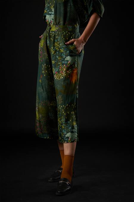 Yavi Green Silk Floral Print Aran Wide Leg Pants Online at Aza Fashions Yavi_Green Silk Floral Print Aran Wide Leg Pants_Online_at_Aza_Fashions