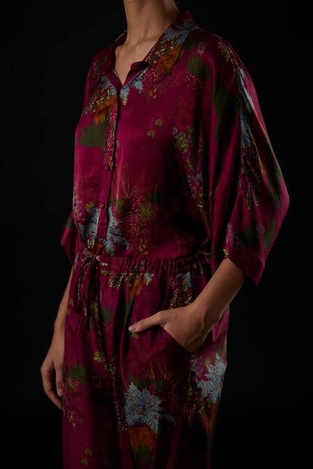 Yavi_Wine Cupro Floral Print Vineyard Straight Fit Pants_Online_at_Aza_Fashions