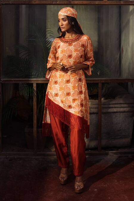 Buy Suave Orange Denim Fringe, Beads Round Neck Wilderness Kurta And Pant Set Online at Aza Fashions Buy_Suave_Orange Denim Fringe, Beads Round Neck Wilderness Kurta And Pant Set_Online_at_Aza_Fashions
